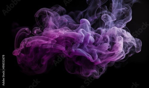 Generative AI illustration of abstract purple and violet fluffy pastel ink smoke cloud against black background