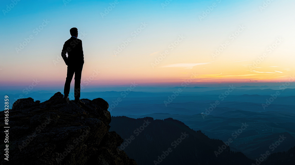 Silhouette of a man in business attire observing the horizon from a high mountain peak at sunset Silhouette of a man in business attire observing the horizon from a high mountain peak at sunset