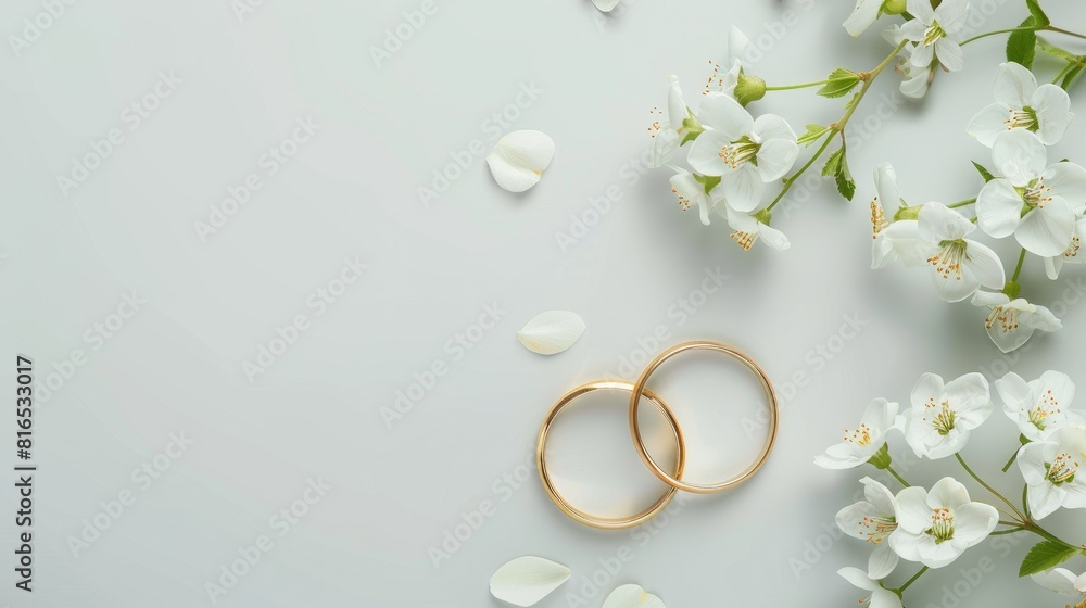 2 rings on a white flower on the left side of a blank white background, for wedding card design or invitation template 2 rings on a white flower on the left side of a blank white background, for wedding card design or invitation template