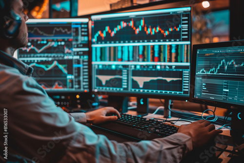 A man is sitting in front of a computer monitor with multiple screens displaying financial data. He is typing on a keyboard, possibly working on a financial report or analyzing market trends