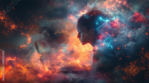 A Woman Typing on Her Laptop Amidst a Surreal Digital Cosmos of Fiery and Vibrant Elements