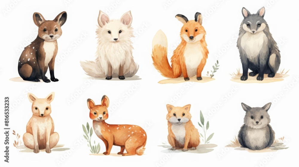 Watercolor animals flat design side view wildlife illustrations theme water color tetradic color scheme Watercolor animals flat design side view wildlife illustrations theme water color tetradic color scheme