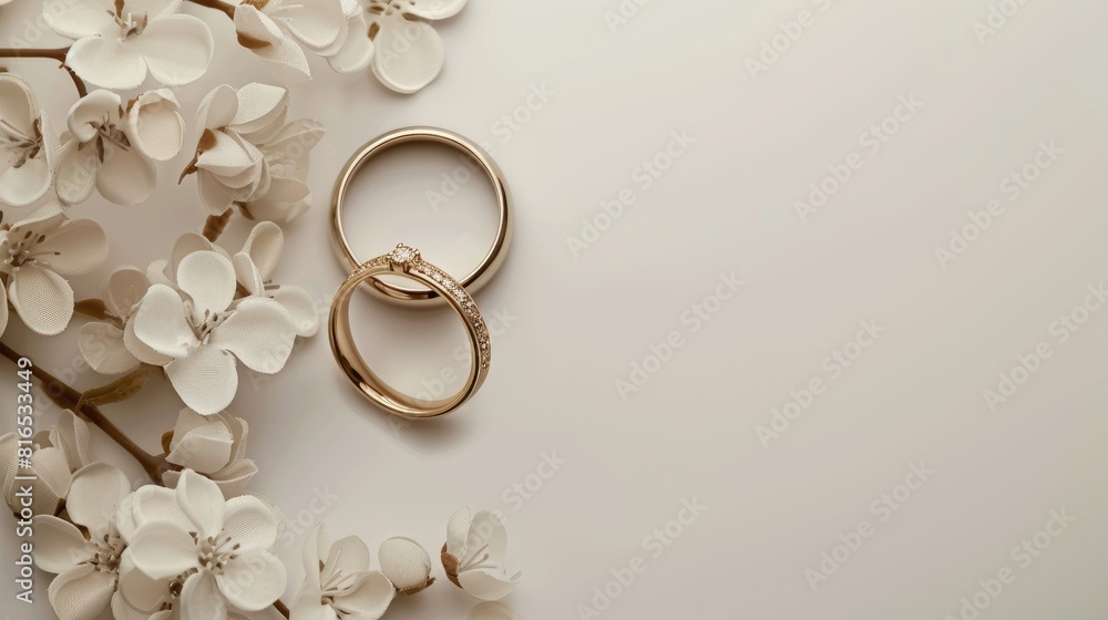 2 rings on a white flower on the left side of a blank white background, for wedding card design or invitation template 2 rings on a white flower on the left side of a blank white background, for wedding card design or invitation template