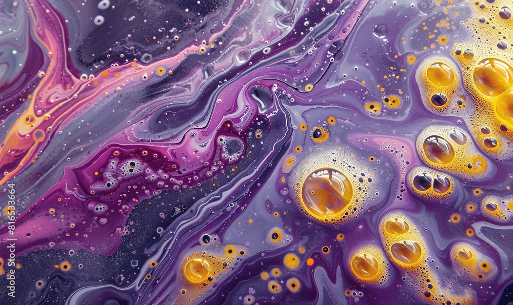 Purple and yellow soap bubbles in paint create an abstract design suitable for a colorful background. Purple and yellow soap bubbles in paint create an abstract design suitable for a colorful background.