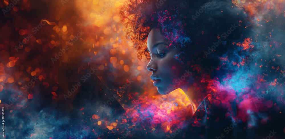 A Woman Focused on Her Laptop, Her Hair Blending into a Surreal Burst of Cosmic Colors and Lights A Woman Focused on Her Laptop, Her Hair Blending into a Surreal Burst of Cosmic Colors and Lights