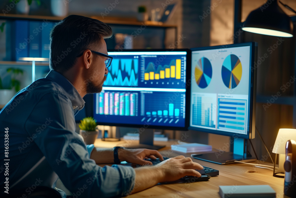 A man is sitting in front of a computer monitor, looking at graphs and charts. He is wearing glasses and he is focused on his work. Concept of concentration and productivity