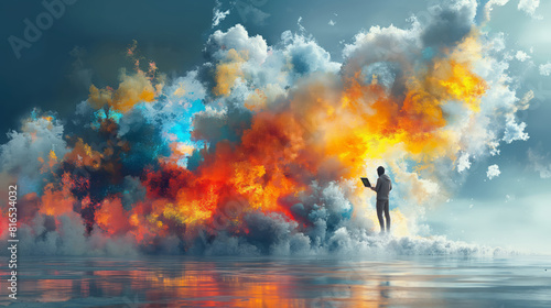 A Man Stands with His Laptop, Enveloped by a Massive, Vibrant Digital Cloud in a Surreal Landscape © oxart_studio