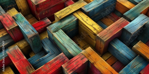 abstract illustration of high angle of wooden colorful labyrinth with geometrical narrow paths with blocks and cubes photo