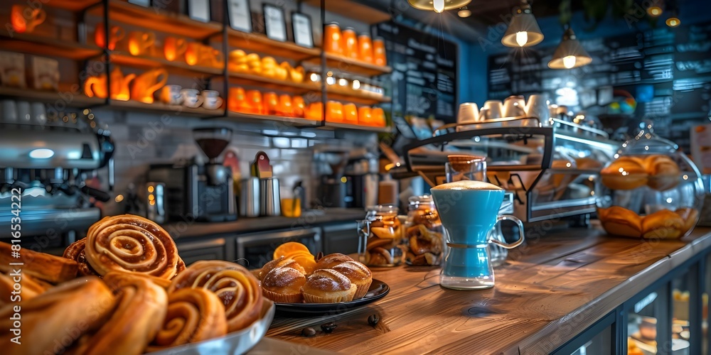 Image of a cozy coffee shop with breakfast pastries and drinks. Concept Coffee shop ambiance, Breakfast pastries, Specialty drinks, Cozy setting, Relaxing atmosphere