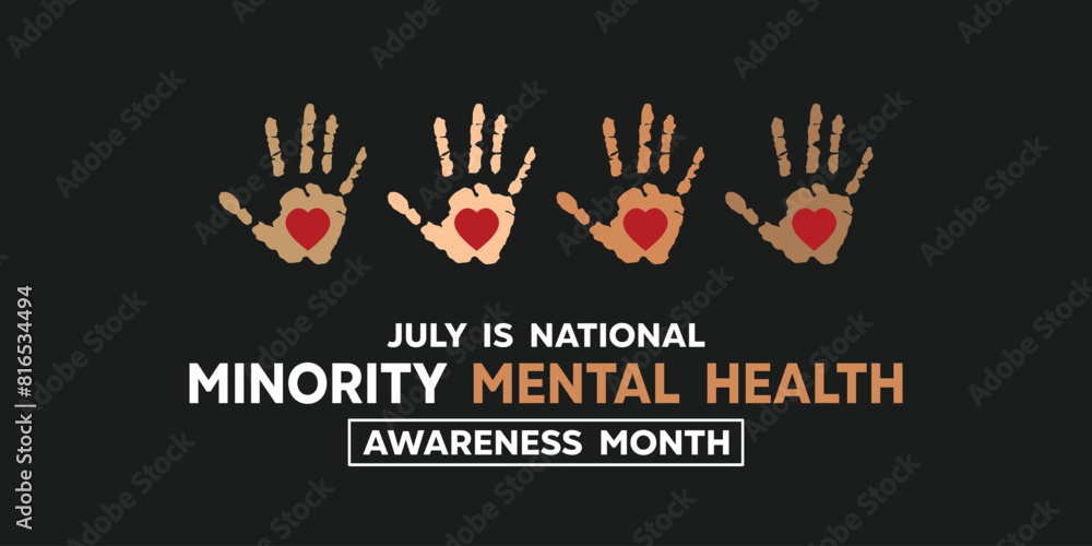National Minority Mental Health Month. Hand and heart. Great for cards, banners, posters, social media and more. Black background. National Minority Mental Health Month. Hand and heart. Great for cards, banners, posters, social media and more. Black background.