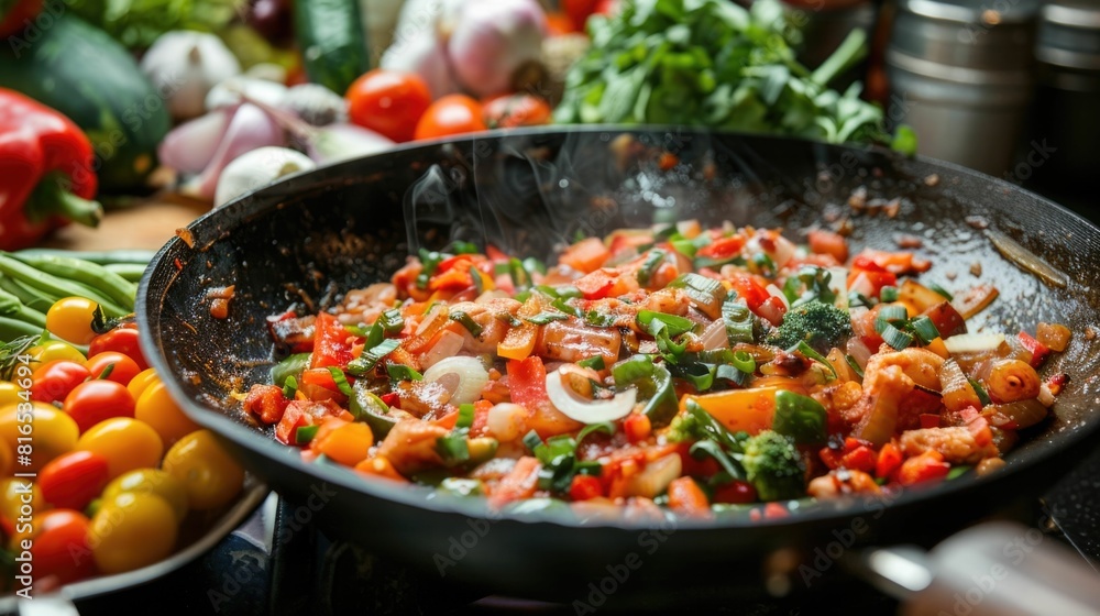 Colorful Vegetable Stir Fry Dish Prepared in a Sizzling Wok with Fresh Ingredients on the Side Colorful Vegetable Stir Fry Dish Prepared in a Sizzling Wok with Fresh Ingredients on the Side