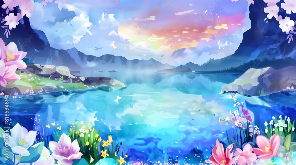 Illustrate a serene watercolor landscape of a secluded eco-tourism spot