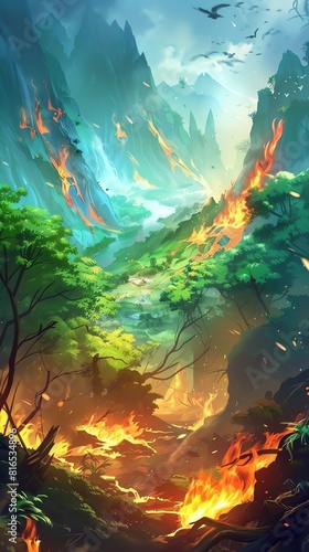 Illustrate a tilted perspective of a forest fire blazing through a once lush landscape Emphasize the devastating effects of climate change on ecosystems Choose vivid colors and tex © T