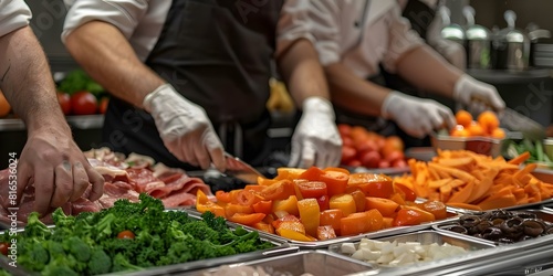 Catering group setting up colorful buffet indoors with vibrant meats and produce. Concept Catering, Buffet, Colorful, Vibrant, Food Display
