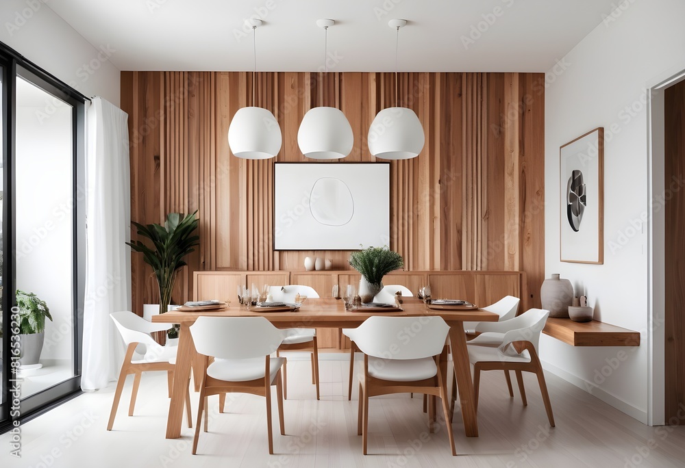 A contemporary dining room interior with wooden elements, A white background, design furniture, and illustrating a modern home concept A contemporary dining room interior with wooden elements, A white background, design furniture, and illustrating a modern home concept