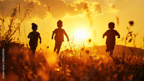 Silhouettes of children running joyfully in a meadow with the setting sun casting golden hues in the background