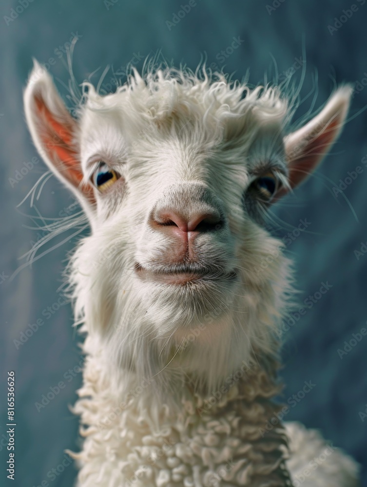 Funny portrait of a sheep taken in the studio on a blue background. Amazing animal Funny portrait of a sheep taken in the studio on a blue background. Amazing animal