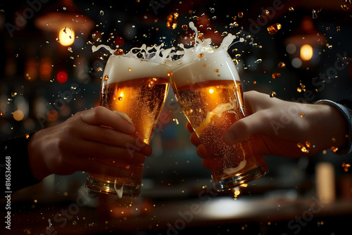 Two glasses of beer in cheers gesture, splashing out. Dark cozy pub background.