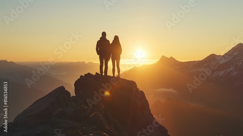 Two hikers stand on a mountaintop at sunrise. They look out at the view of the mountains and the valley below. The sun is rising behind them  casting a warm glow over the scene.