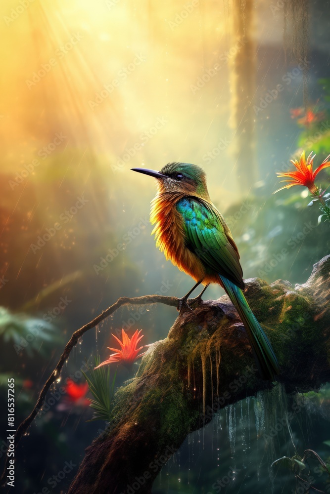 Fototapeta premium Colorful bird paradise with highly detailed features, set against a dramatic ray-lit and misty background