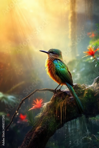 Colorful bird paradise with highly detailed features, set against a dramatic ray-lit and misty background