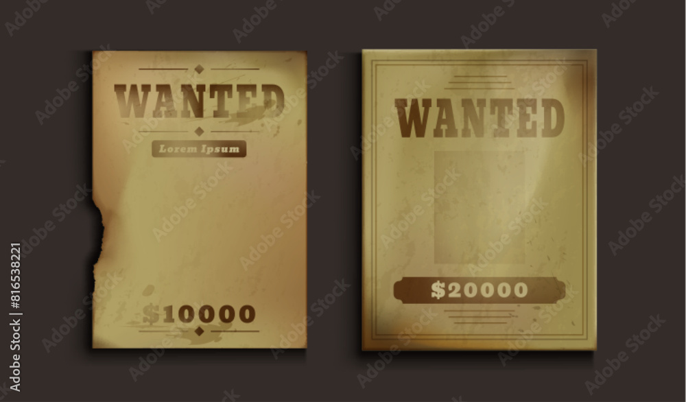 Wild west wanted posters set isolated on black background. Vector realistic illustration of old yellow paper sheets with blank space for text and photo, reward amount, western saloon design element