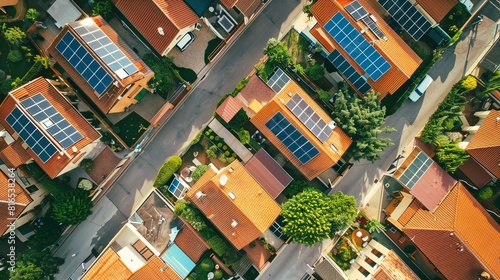 An aerial view of a neighborhood with many houses