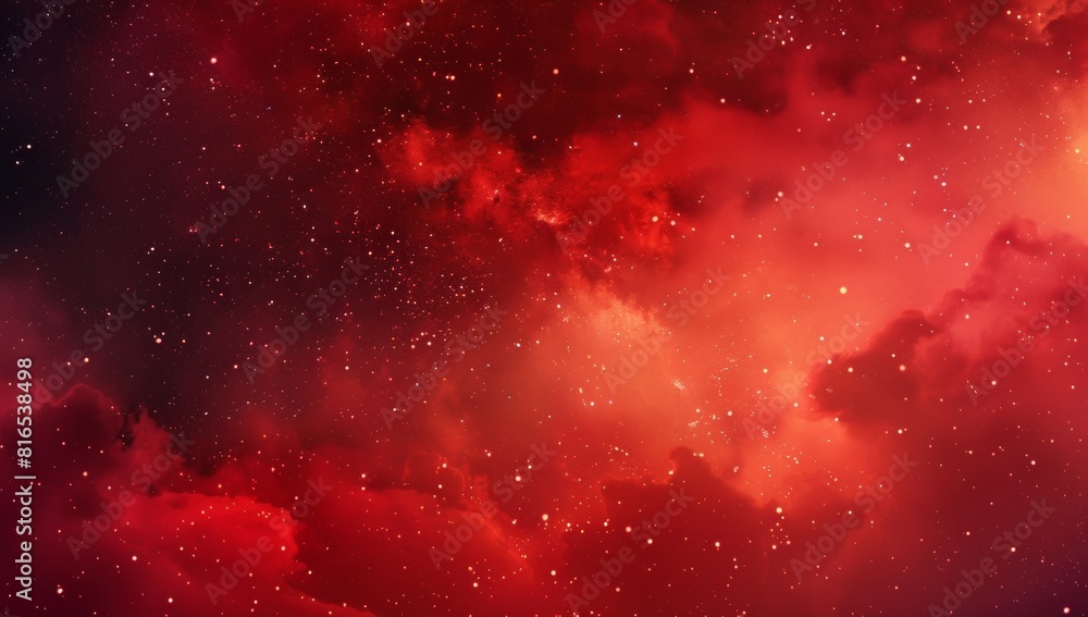 Red background, a starry sky with stars shining in the dark night sky. Glowing particles and lines with light spots flying and glowing dust floating in space.
