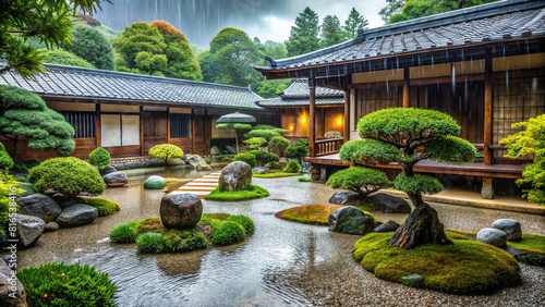 A Zen garden in front of a Japanese house, with rain enhancing the tranquility and symbolic meaning of the carefully arranged stones and plants. photo