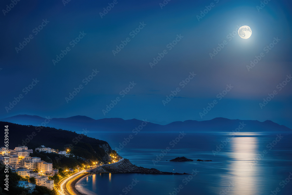 romantic and scenic panorama with full moon on sea to night
romantic and scenic panorama with full moon on sea to night