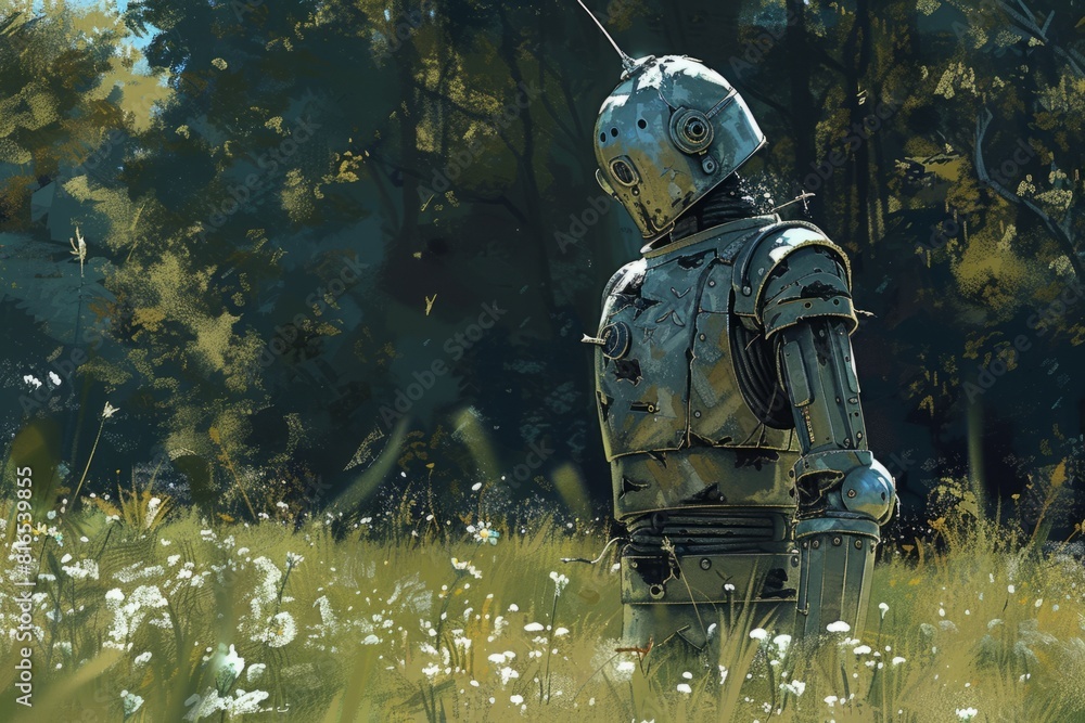 Fototapeta premium The Tin Man, with his trusty axe in hand, bravely sets out on a quest to find the heart he so desperately desires