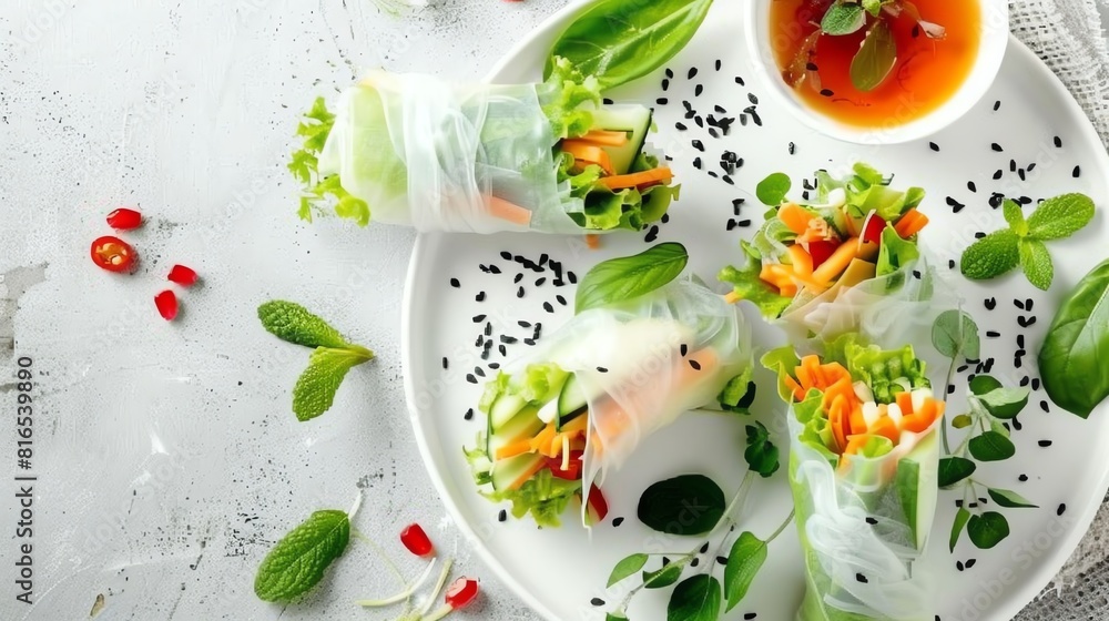 Fresh and healthy vegetable spring rolls with rice paper, filled with lettuce, carrots, cucumber and served with sweet chili sauce. Fresh and healthy vegetable spring rolls with rice paper, filled with lettuce, carrots, cucumber and served with sweet chili sauce.