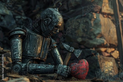 The Tin Man, with his trusty axe in hand, bravely sets out on a quest to find the heart he so desperately desires.