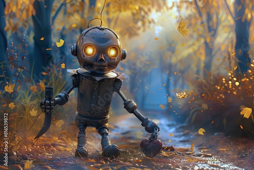 The Tin Man, with his trusty axe in hand, bravely sets out on a quest to find the heart he so desperately desires.  photo