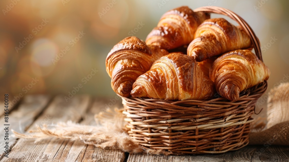 A rustic still life featuring a wicker basket overflowing with freshly baked croissants on a weathered wooden table. The croissants have a golden brown crust with a hint of flakiness, with a single A rustic still life featuring a wicker basket overflowing with freshly baked croissants on a weathered wooden table. The croissants have a golden brown crust with a hint of flakiness, with a single