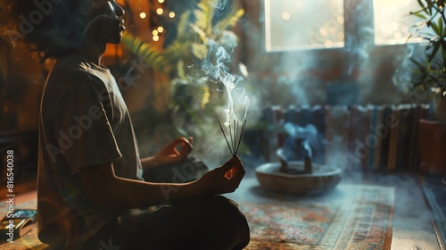 A young woman sits in meditation pose, holding a bundle of burning incense photo