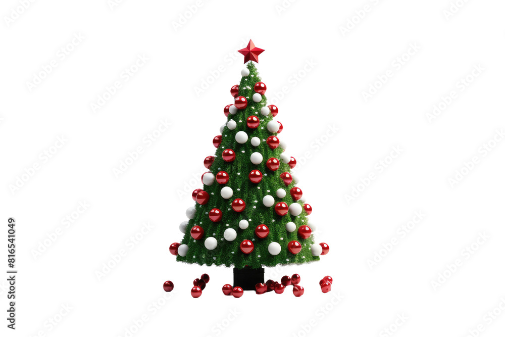 Fototapeta premium Festive Christmas tree with red ornaments and star topper, holiday decoration PNG, seasonal winter celebration design isolated on Transparent Background