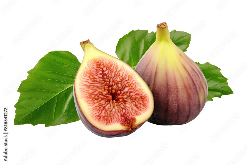 Elegant Figs Dance With Lush Leaves in a White Symphony on White or PNG Transparent Background. Elegant Figs Dance With Lush Leaves in a White Symphony on White or PNG Transparent Background.