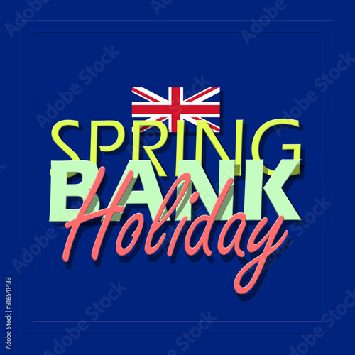 Spring Bank Holiday event banner. Bold text with British flag in frame on dark blue background to celebrate on May