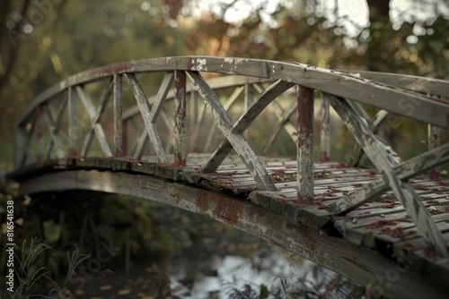 A bridge with a wooden railing and a red paint stain on it