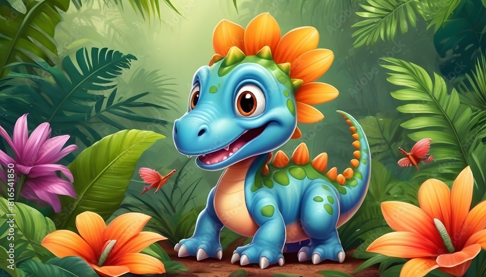 Naklejka premium Dinosaurs in the Triassic period age in the green grass land and blue sky background, Habitat of dinosaur, history of world.