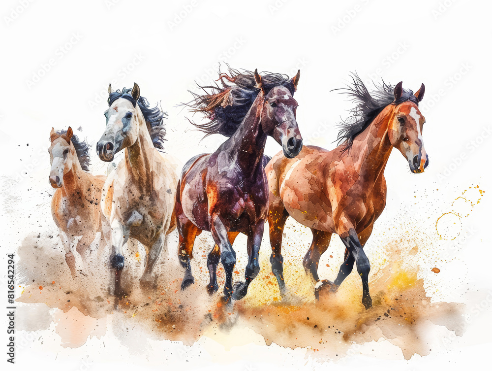 Vibrant watercolor painting of majestic galloping horses with dynamic splash effect and colorful paint splatter