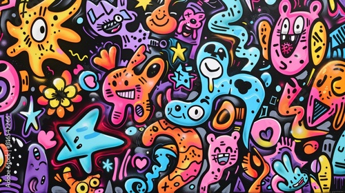 Vibrant graffiti wall with cartoon characters