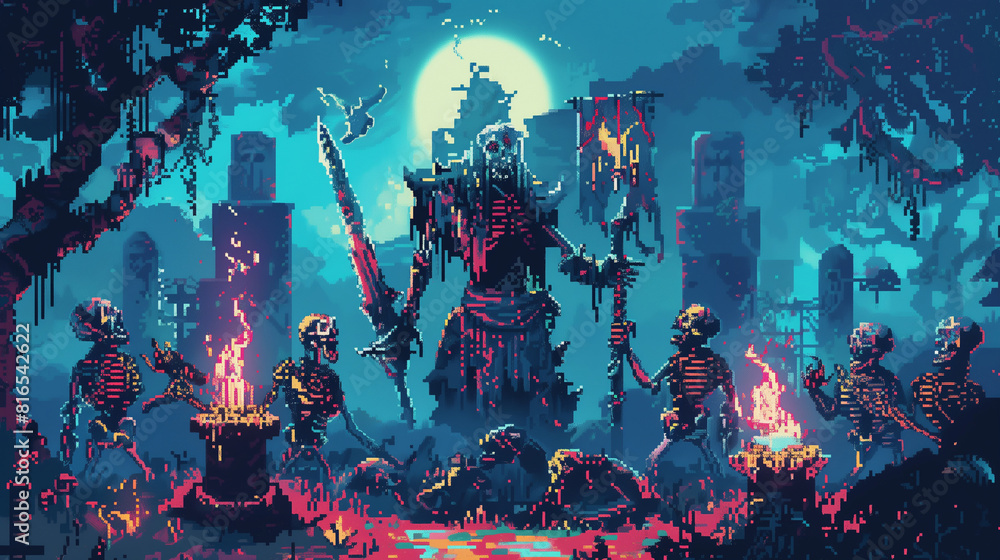 A mysterious necromancer raising an army of undead minions with dark ...