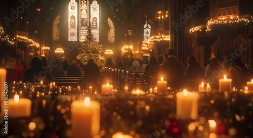 candlelit church service on Christmas Eve, with worshippers gathered to celebrate the holiday amidst the soft glow of flickering candles photo