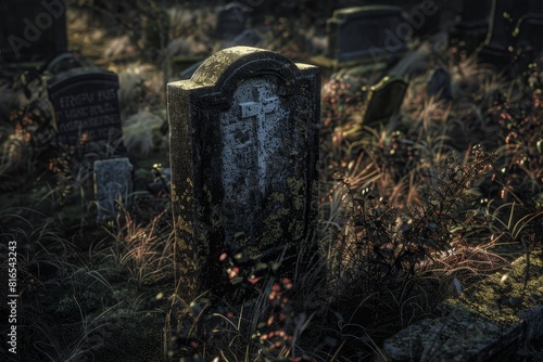 A cemetery with a headstone and a mossy grave marker