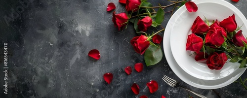 Valentines day table place setting with red roses and white plate on a dark background. Copy space.