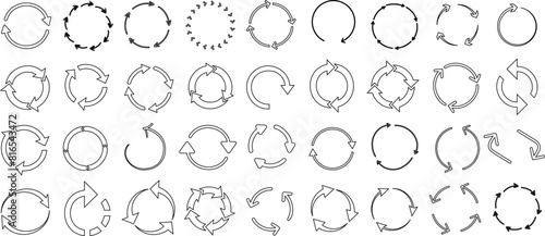Circular arrow vector, cycle round arrow line art, refresh, reload, repeat icons. Black outline on white background for web design, user interface or infographic
