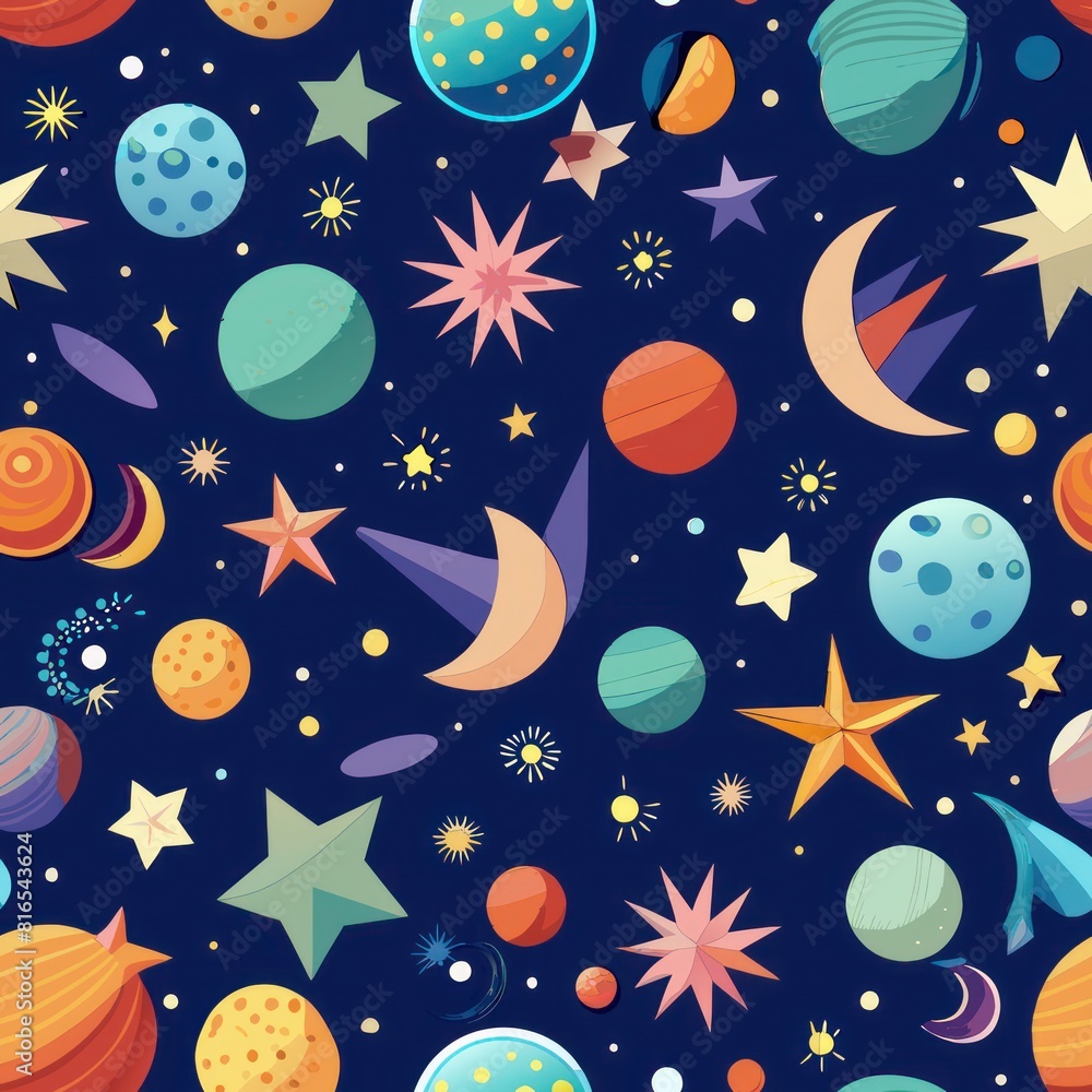 Seamless pattern of paper cutouts of celestial bodies like stars, moons, and planets, twinkling in the night sky, Generative AI Seamless pattern of paper cutouts of celestial bodies like stars, moons, and planets, twinkling in the night sky, Generative AI
