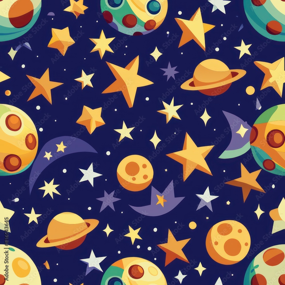 Naklejka premium Seamless pattern of paper cutouts of celestial bodies like stars, moons, and planets, twinkling in the night sky, Generative AI